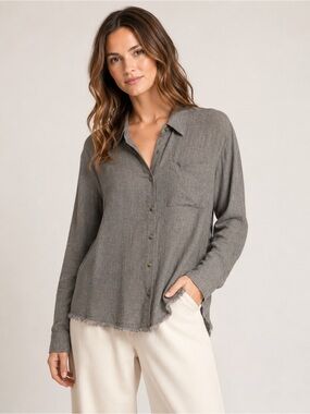 Mystree Gray Linen Blend Raw Hem Button-Up Shirt Small NWT